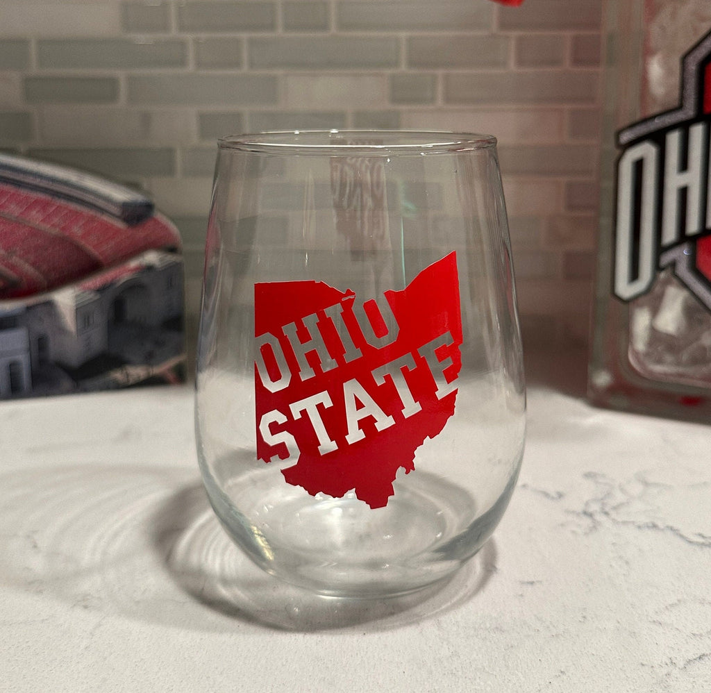 Ohio State with Cutout Stemless Wine Glass