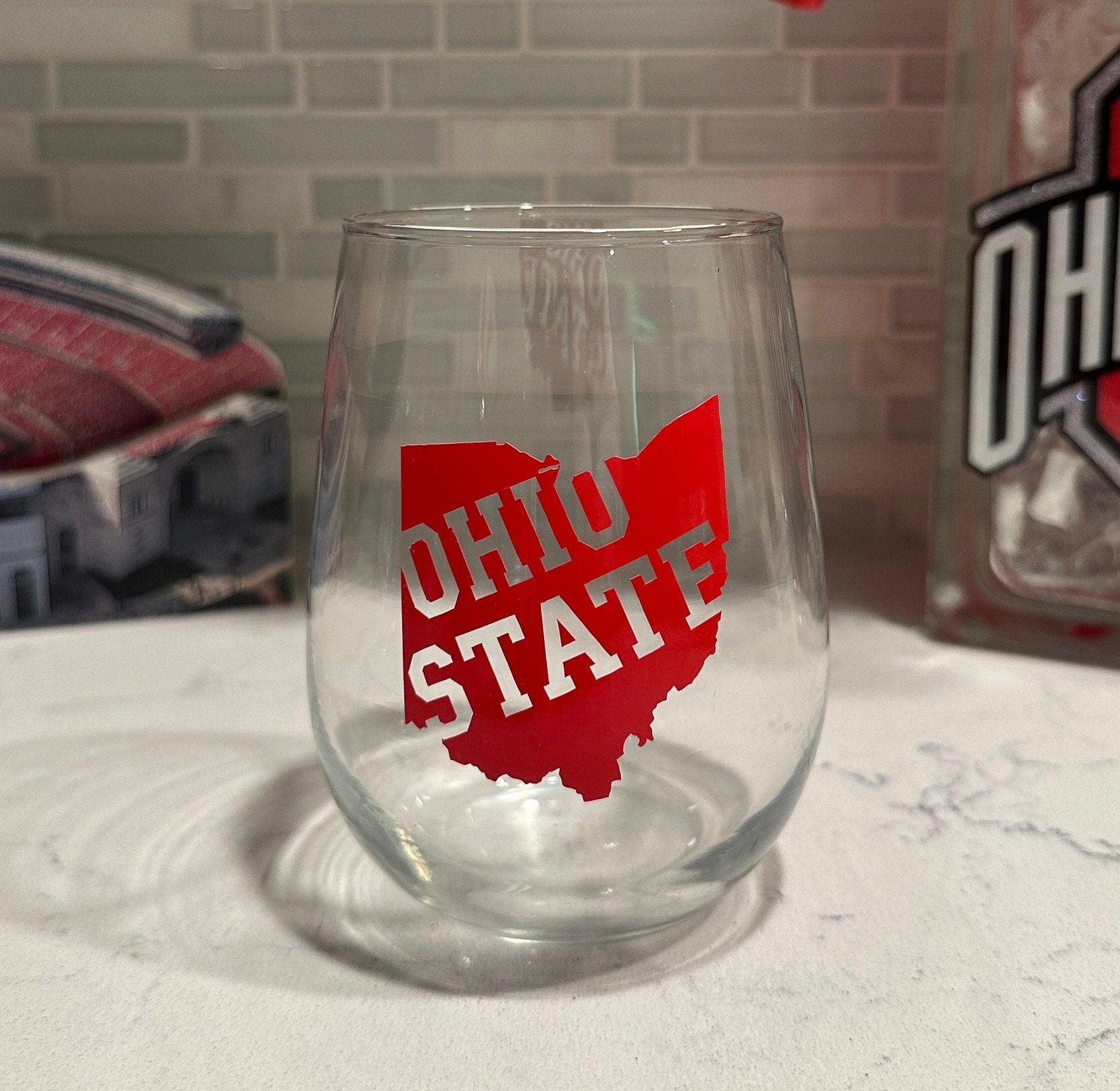 Ohio State with Cutout Stemless Wine Glass