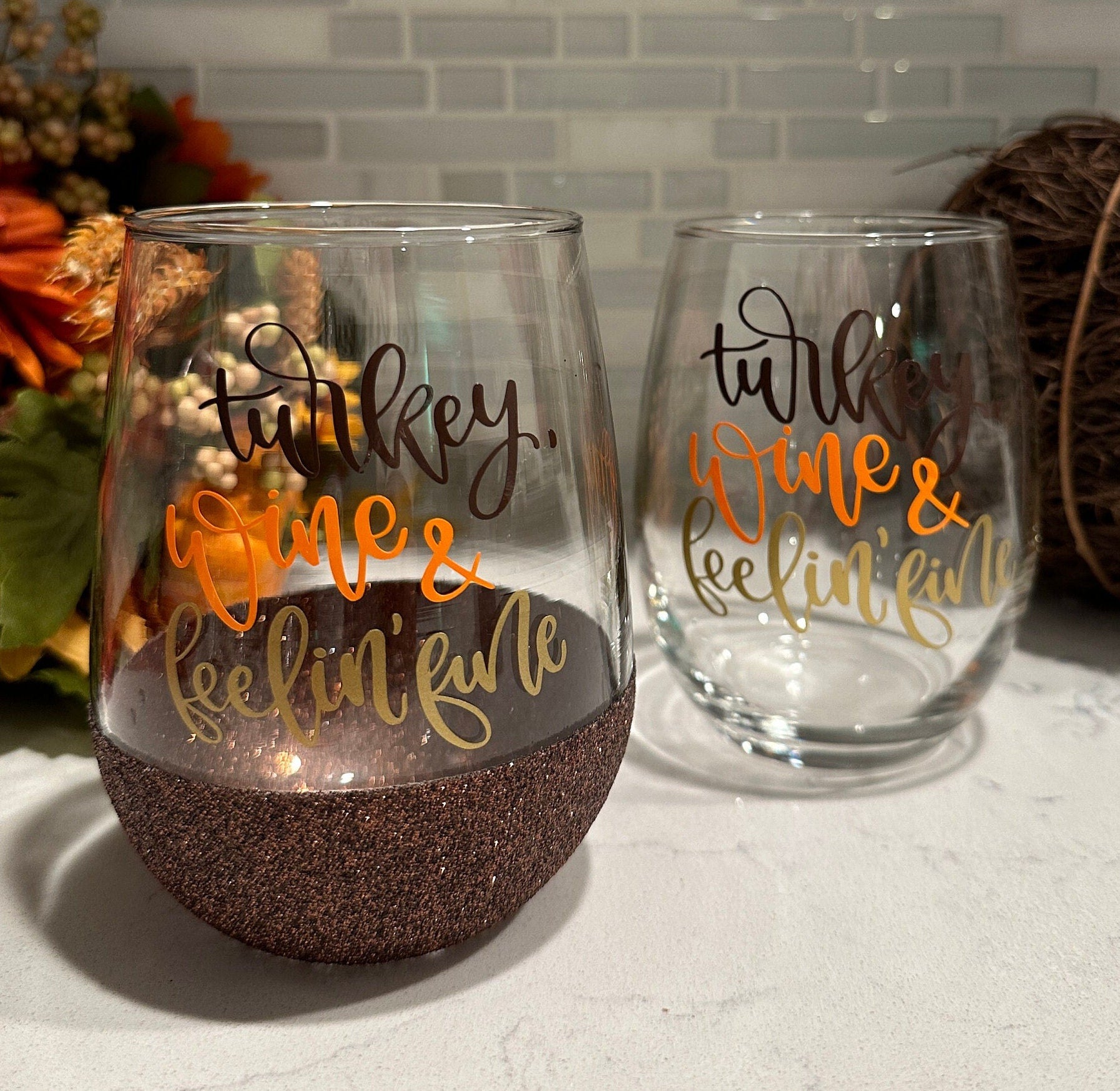 Turkey, Wine & Feelin’ Fine Stemless Wine Glass