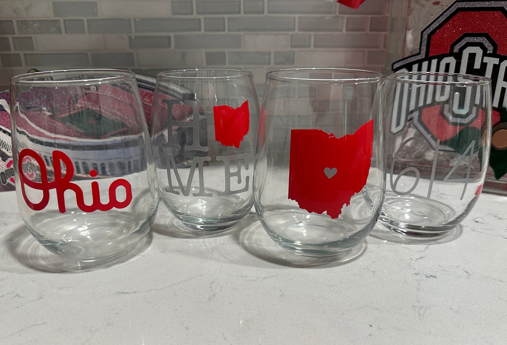 Ohio State with Heart Stemless Wine Glass