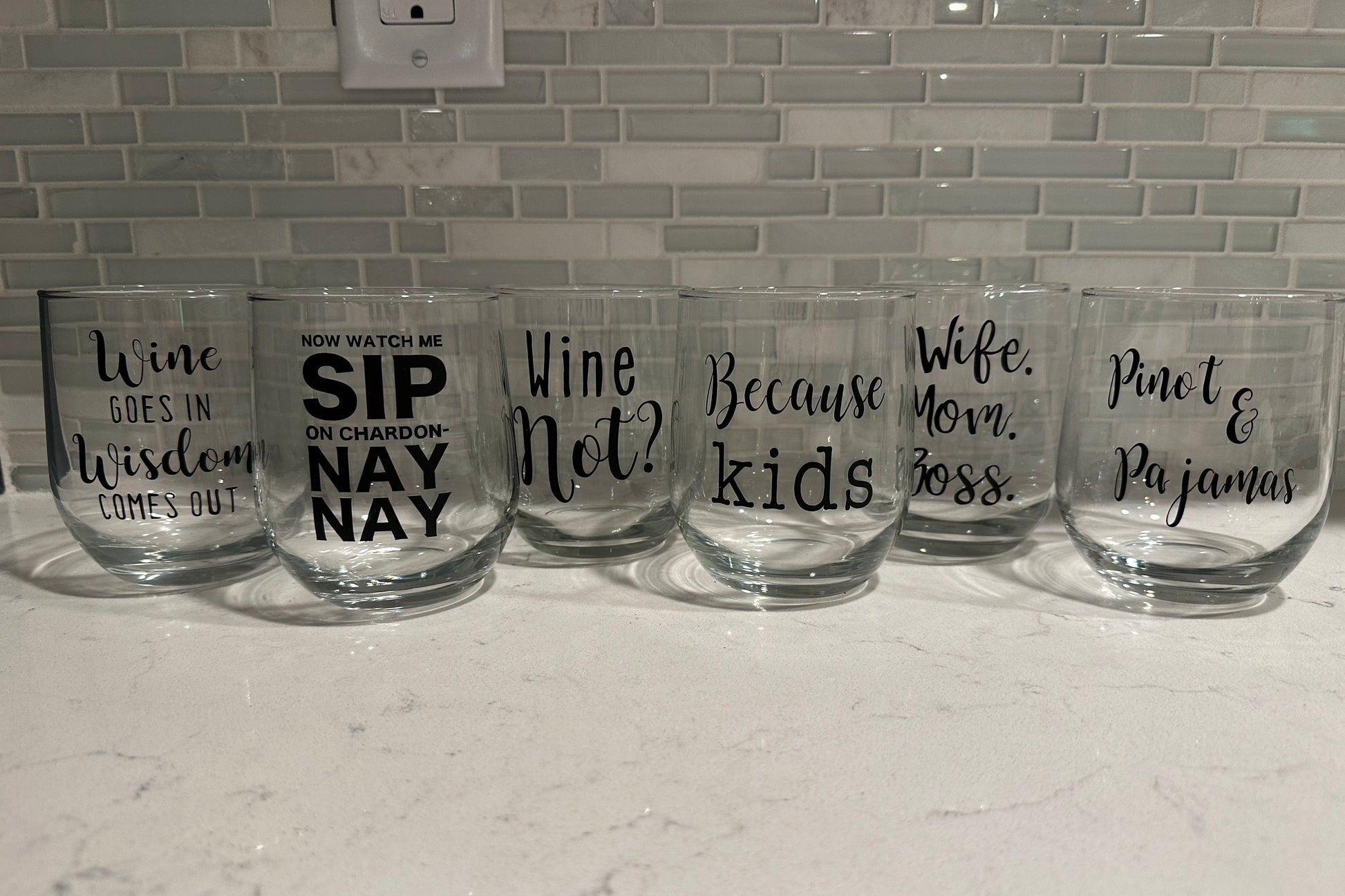 Wine Goes In Wisdom Comes Out Stemless Wine Glass
