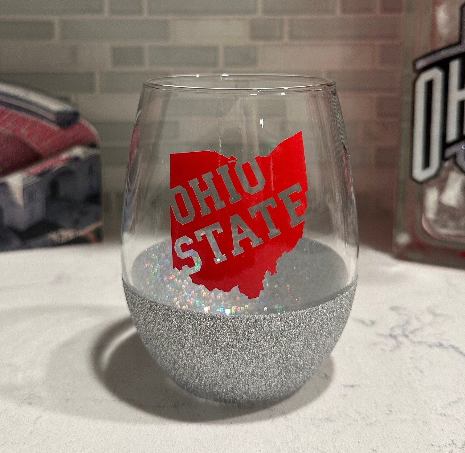 Ohio State with Cutout Stemless Wine Glass