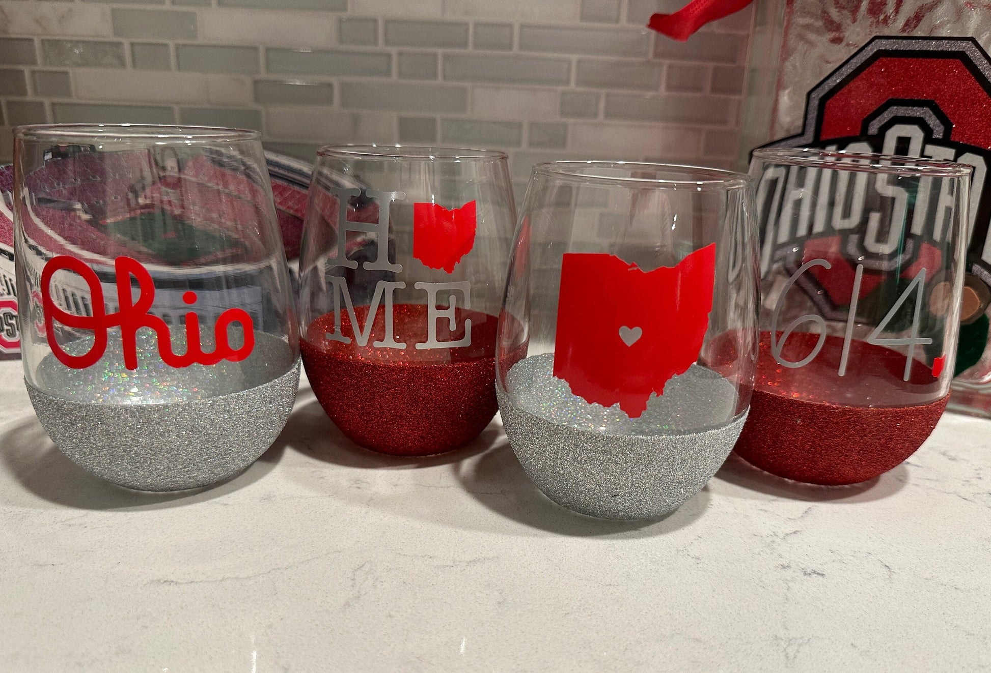Ohio State with Heart Stemless Wine Glass