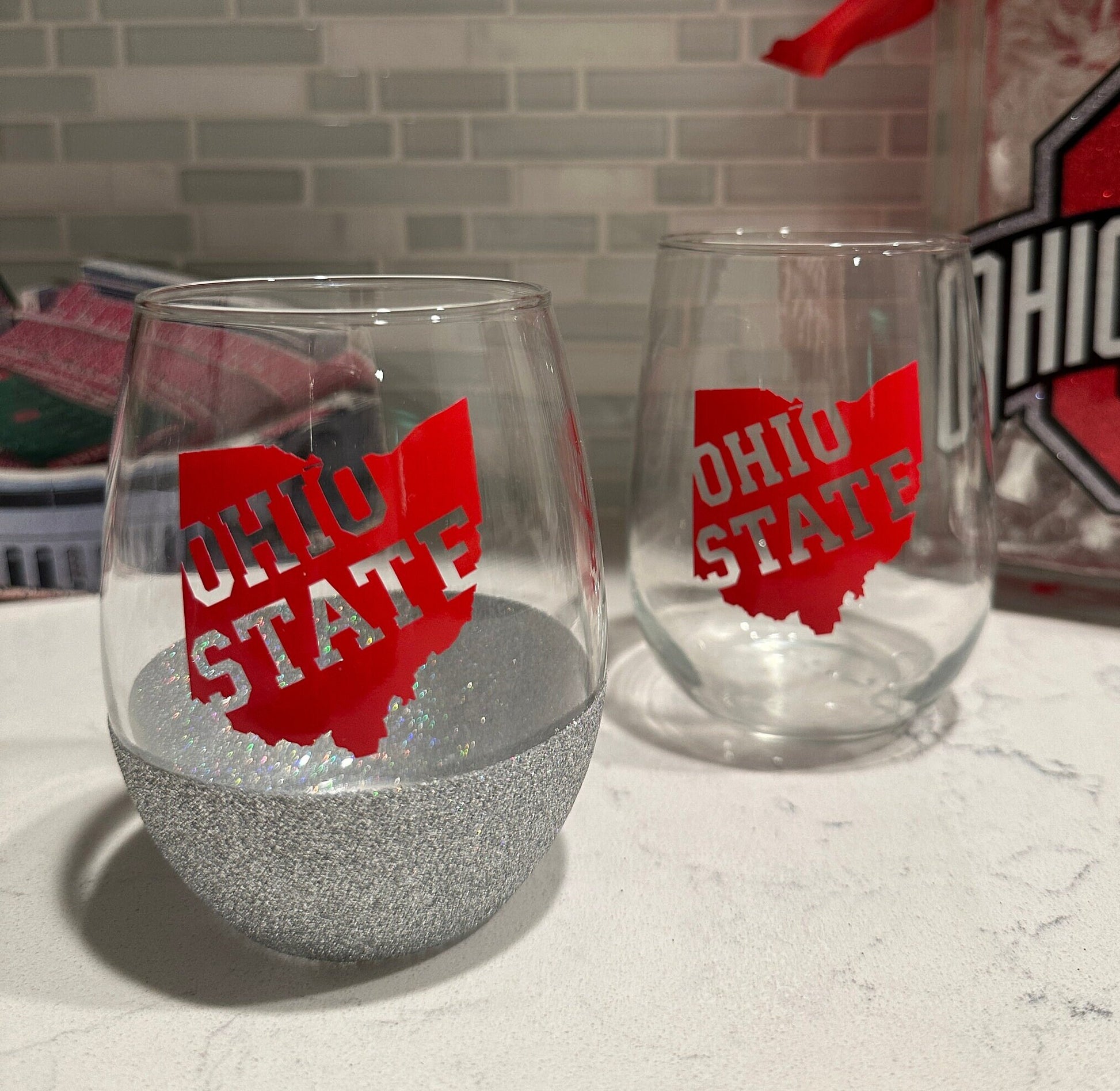 Ohio State with Cutout Stemless Wine Glass