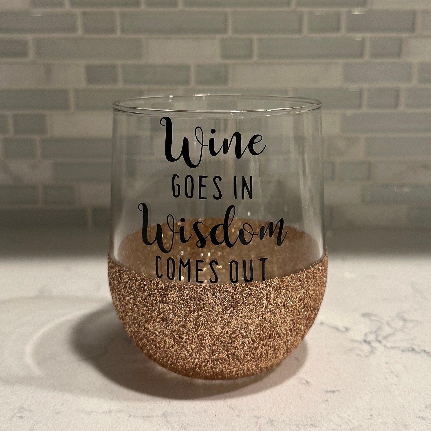Wine Goes In Wisdom Comes Out Stemless Wine Glass