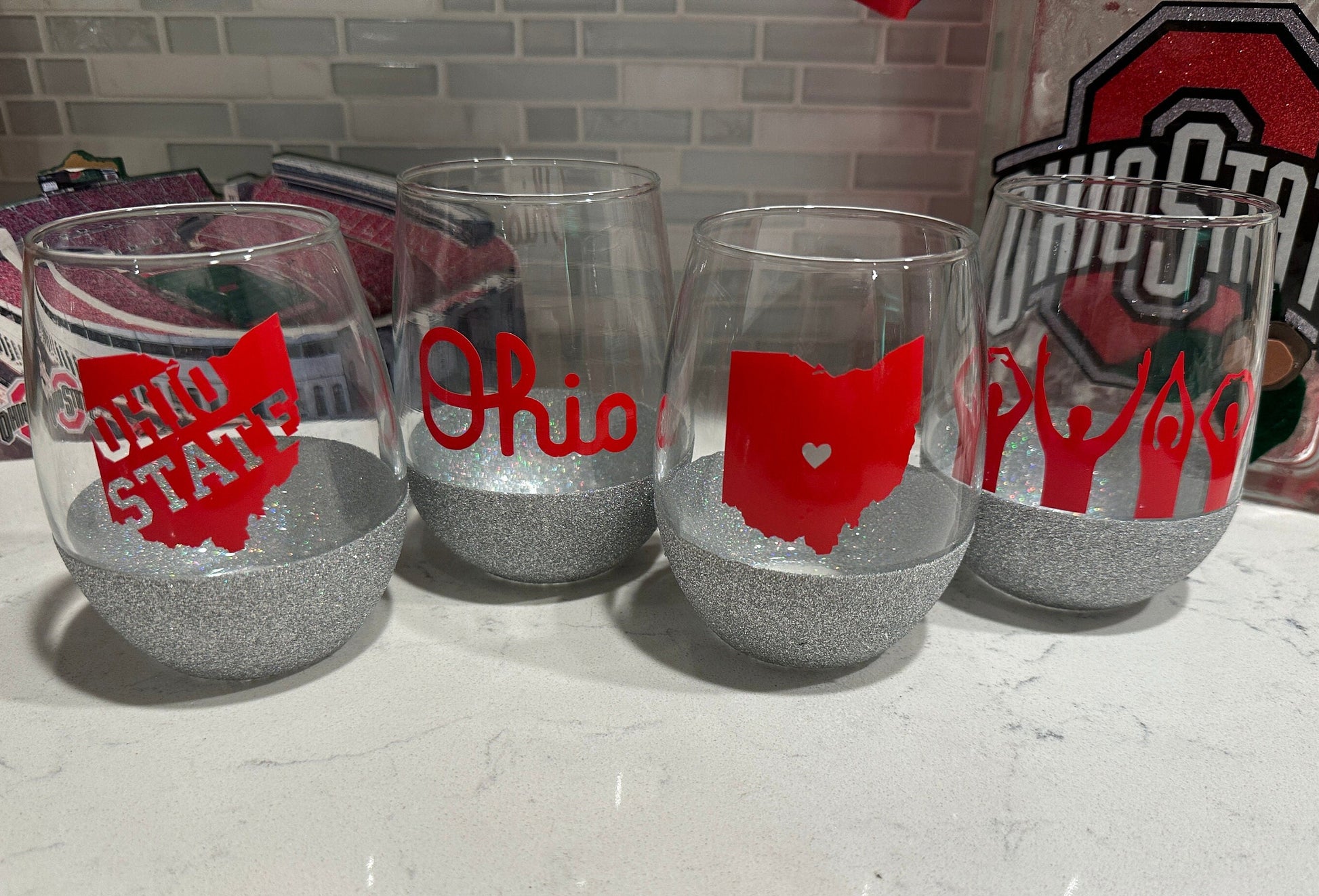Ohio State with Cutout Stemless Wine Glass