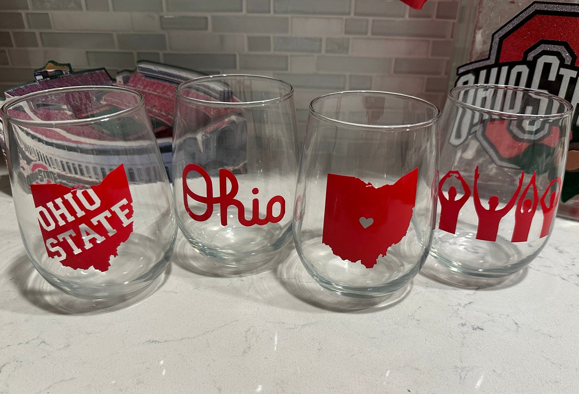 Ohio State with Cutout Stemless Wine Glass