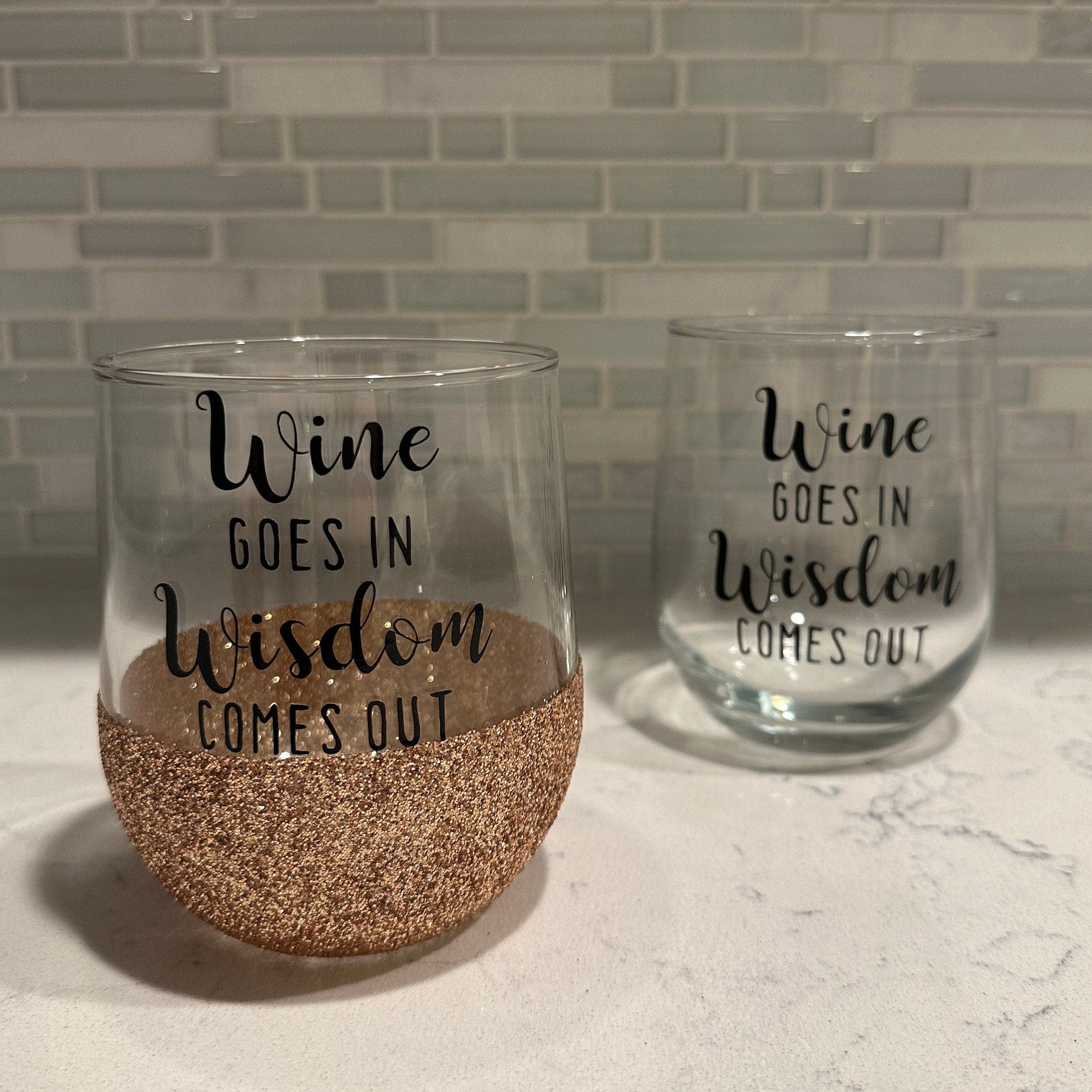 Wine Goes In Wisdom Comes Out Stemless Wine Glass