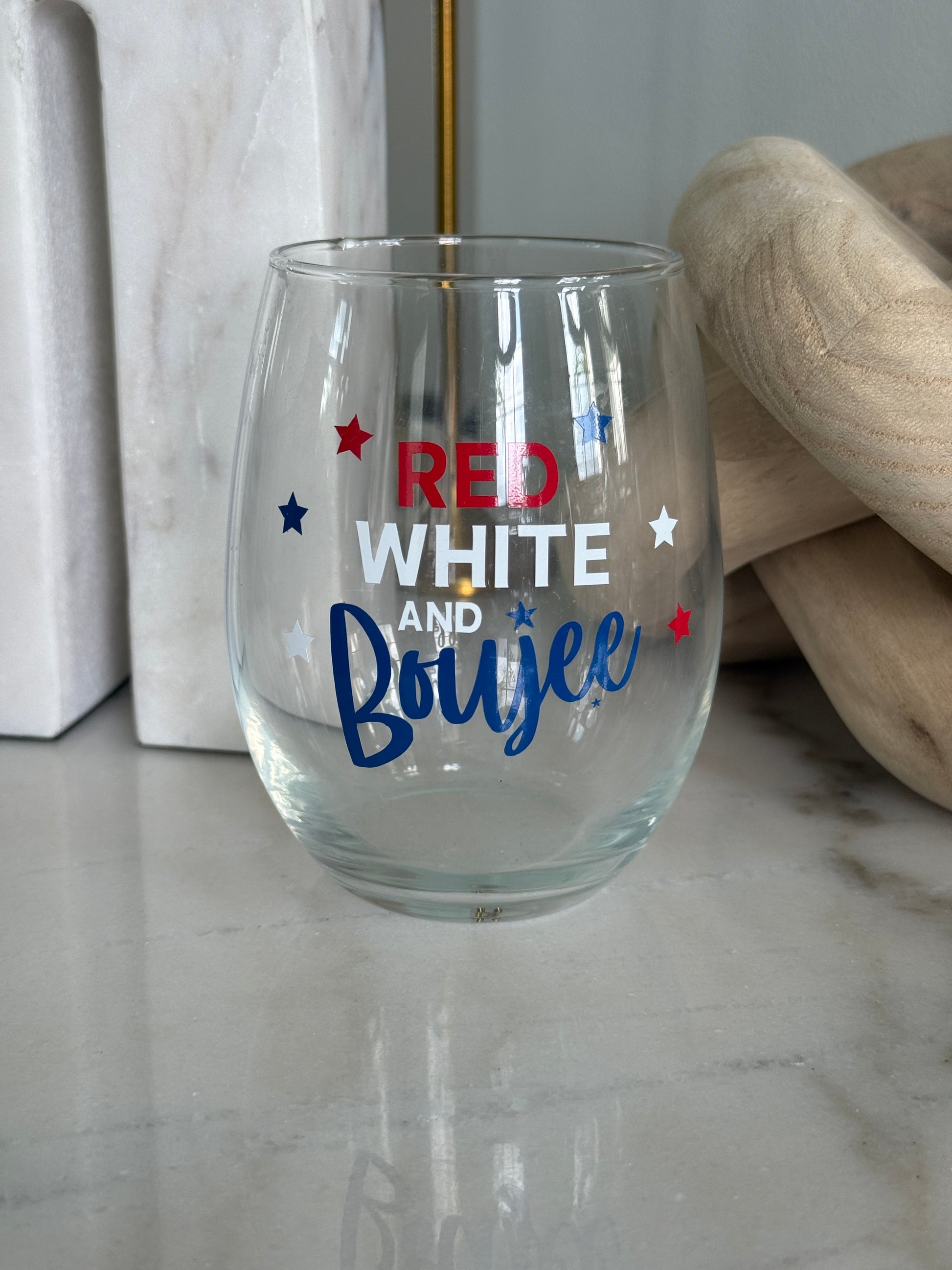 Red, White and Boujee Stemless Wine Glass