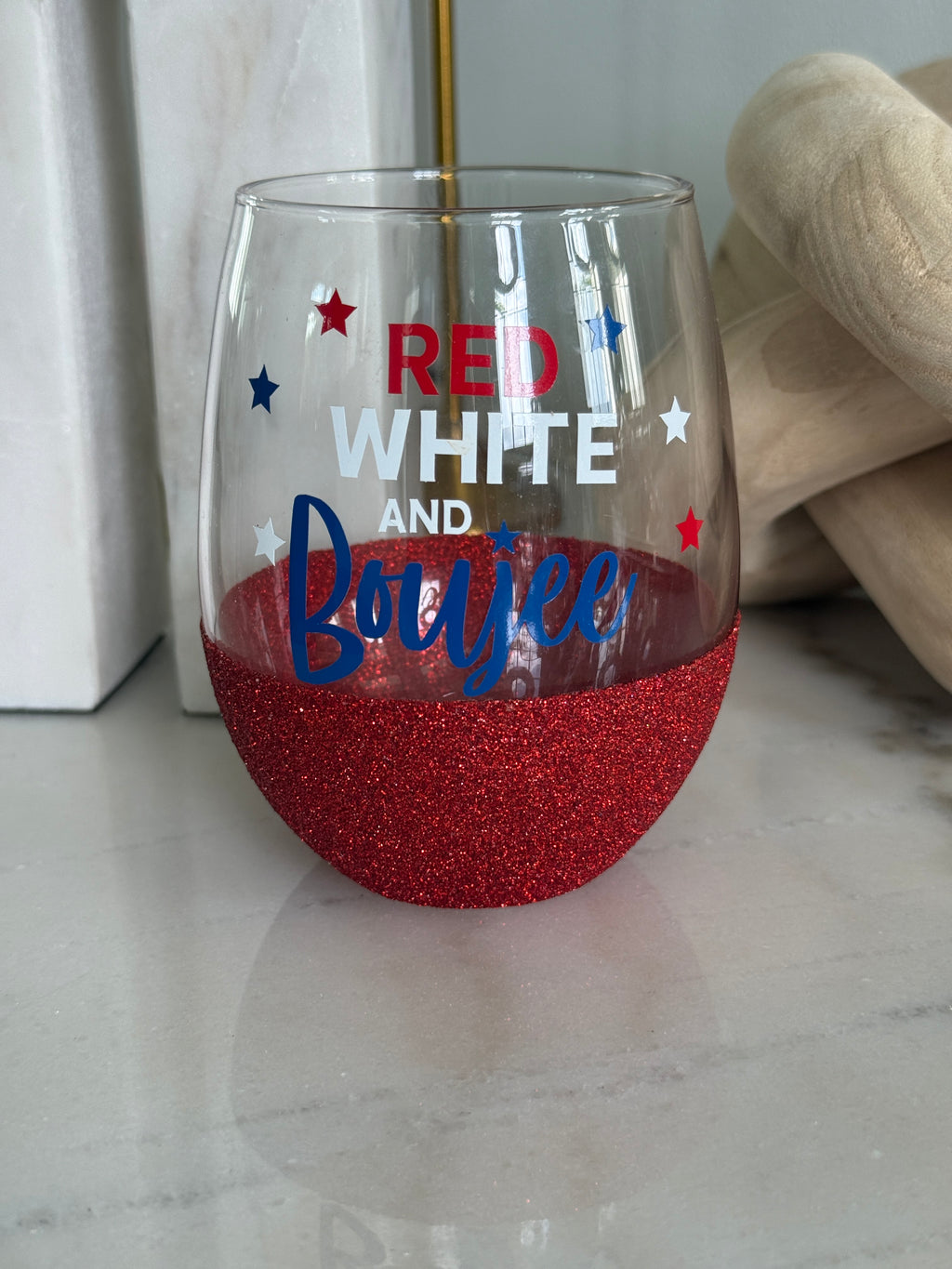 Red, White and Boujee Stemless Wine Glass