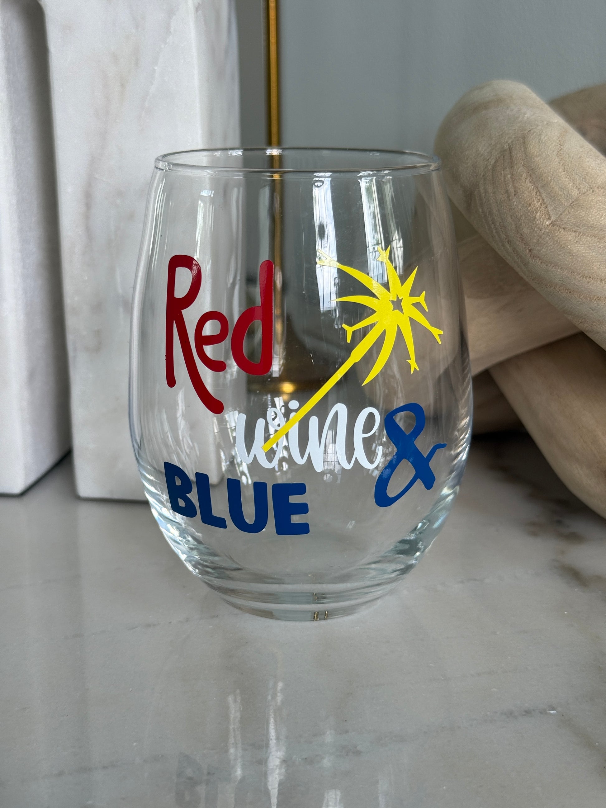 Red, Wine and Blue Stemless Wine Glass