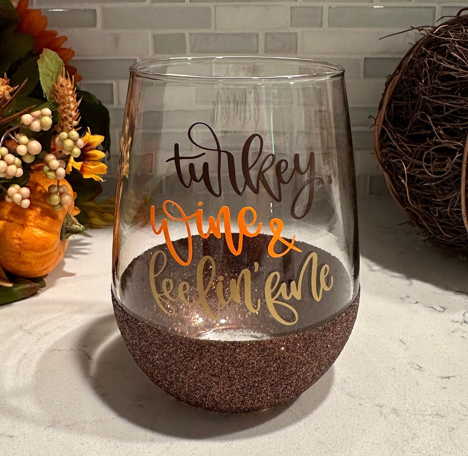 Turkey, Wine & Feelin’ Fine Stemless Wine Glass
