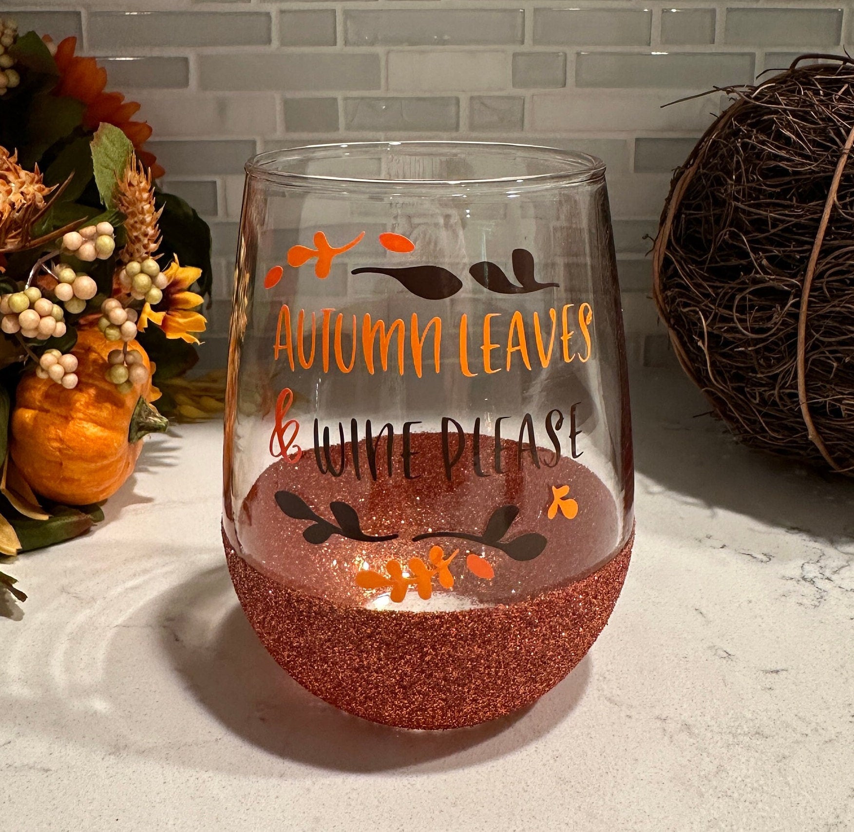 Autumn Leaves & Wine Please Stemless Wine Glass