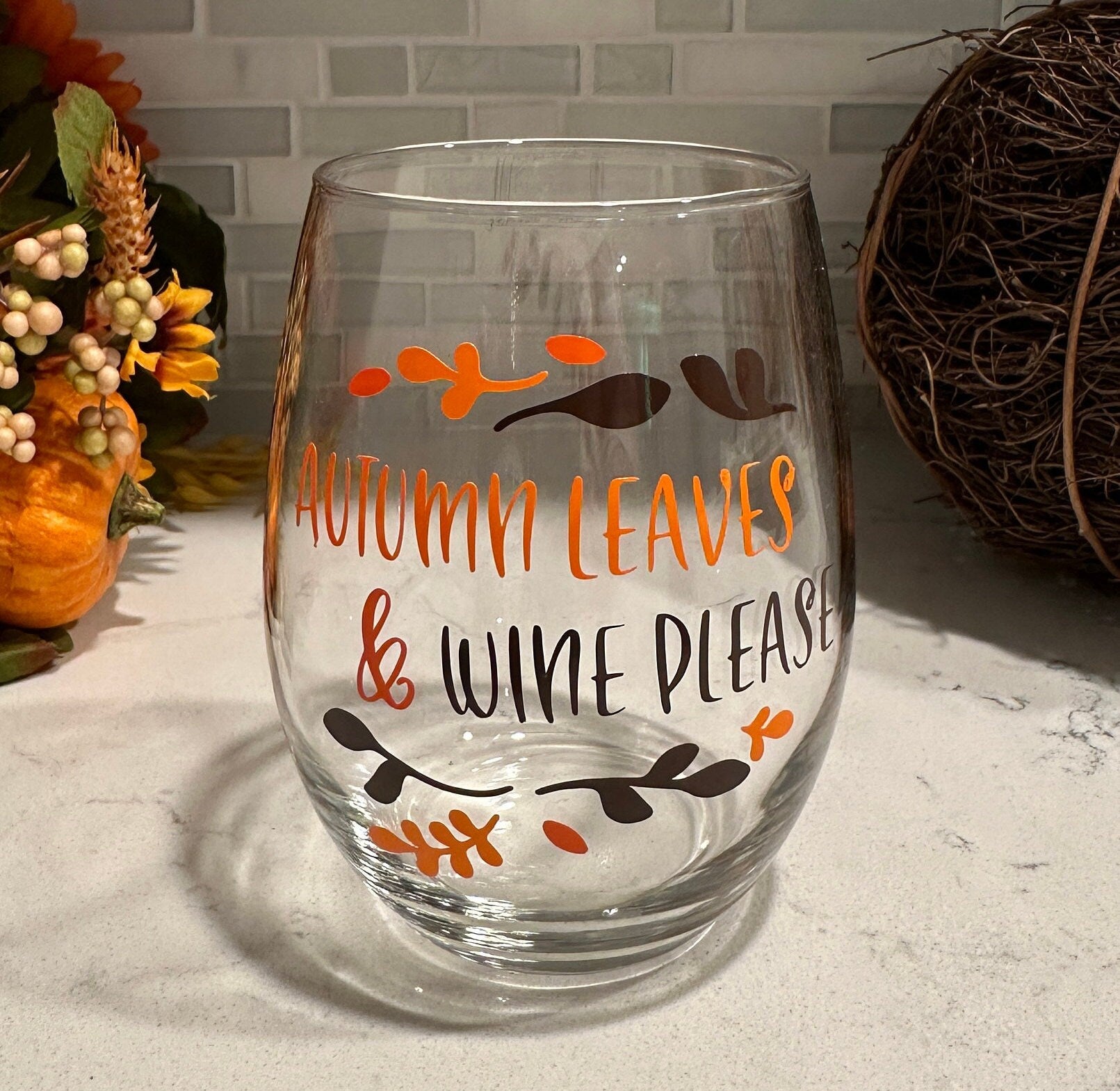 Autumn Leaves & Wine Please Stemless Wine Glass